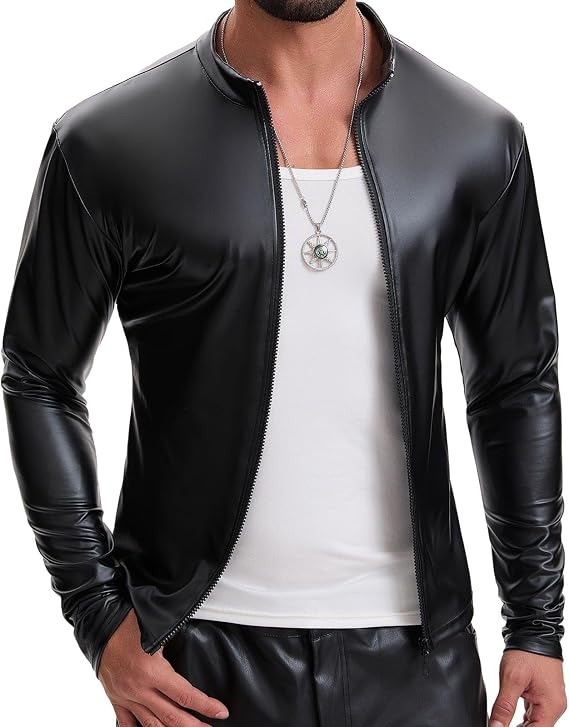 Mens Soft Leather Long Sleeve Jacket, Shiny Faux Leather Shirt