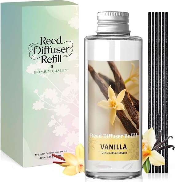Reed Diffuser Refill 200ml, Vanilla Scented, 6 Reed Sticks
