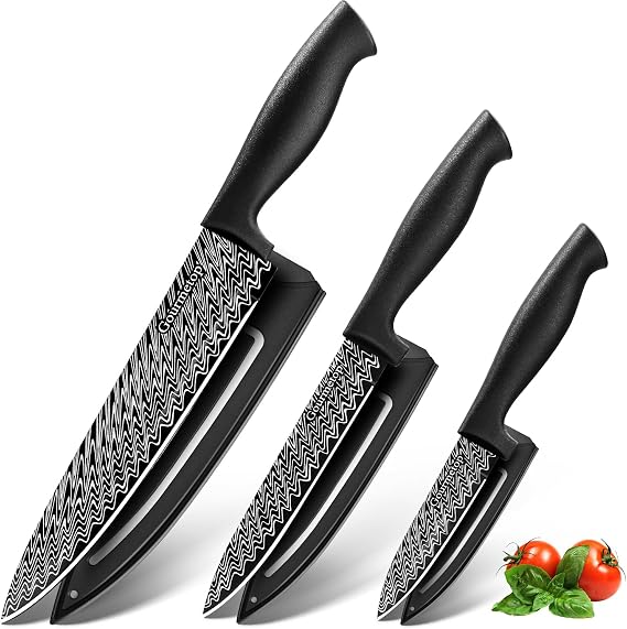 Gourmetop 3PCS Kitchen Knife Set with Cover, Sharp Black Knives for Cooking
