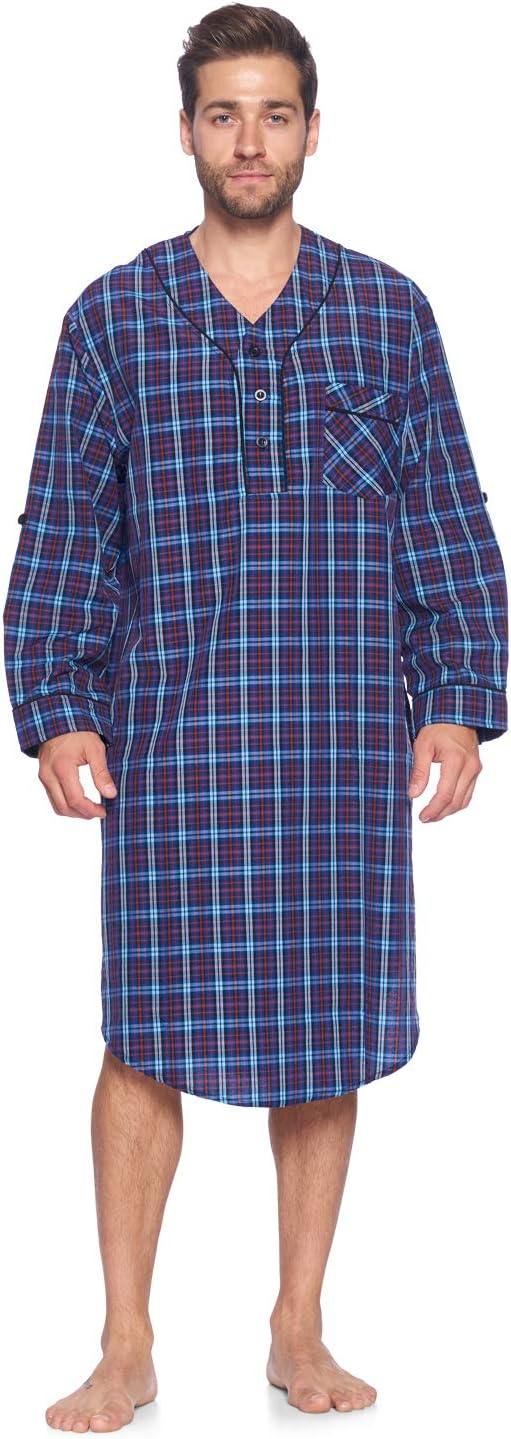 Ashford & Brooks Men's Long Nightshirt | Woven Plaid Henley Gown Sleep Shirt