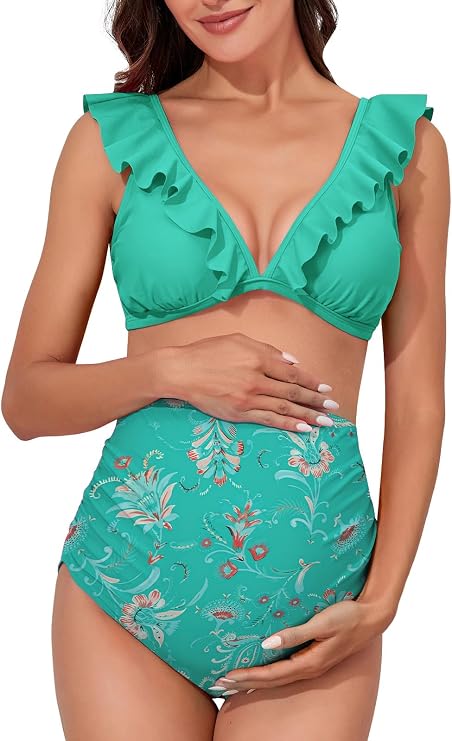 Summer Mae Maternity High Waist Swimsuit Two Piece Ruffle Bikini Bathing Suit Floral V-Neck Pregnancy Swimwear