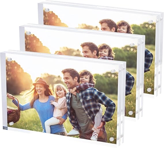 SimbaLux Magnetic Acrylic Picture Photo Frame 4x6 inches Clear Edge, 3 Pack | Clear Glass Like, Double Sided Frameless Desktop Floating Display, Free Standing, Easy to Change