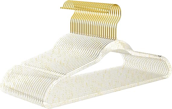 Premium Clear Invisible Acrylic Hangers,Crystal Plastic Hangers with Bling Gold Glitter 50 Pack Ultra Slim & Space Saving Suit Hangers for Coats, Pants & Dress Clothes