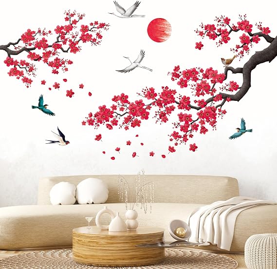 DECOWALL Japanese Red Cherry Blossom Branch Wall Stickers Decals (SG2-2406)