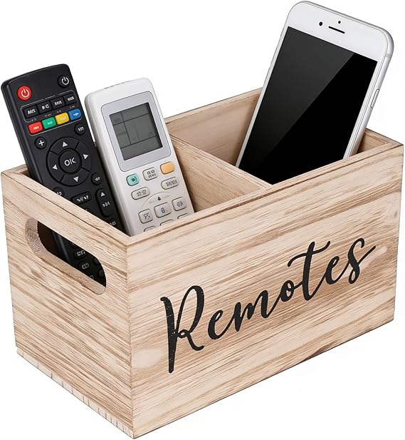 Remote Control Holder - Solid Wood TV Remote Holder & Wooden Desk Organiser Tidy, 2 Compartments Desk Caddy for Home/Office/Bedroom, TV Controller Holder with Hollow Handles