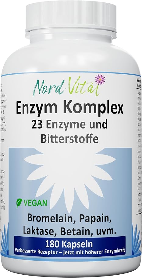 Enzyme Complex with 23 Active Ingredients - 180 Enteric Juice-Resistant Capsules - High Dose Digestive Enzymes with Bromelain Papain Lipase Betaine HCL & Bitter Substances - Vegan - Digestive Enzymes