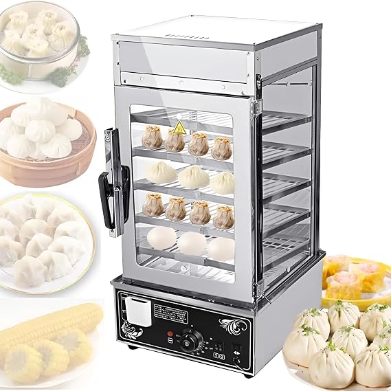 Commercial Bun Steamer, 5-Layer Electric Hot Food Warmer, Stainless Steel Steamed Buns Warmer with LED, 30-110℃ Adjustable Temperature, for Breakfast, Snack Bar, Restaurant, Bun Shop