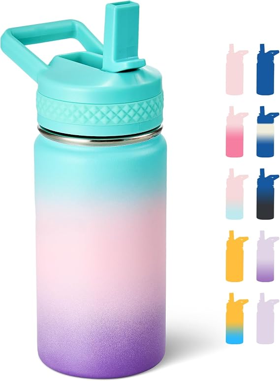 Fijinhom 12 oz Water Bottle Kids School, Insulated Water Bottle with Straw for School, 304 Stainless Steel Toddler Cup, for Boys Girls, Leakproof, BPA-Free, Aurora