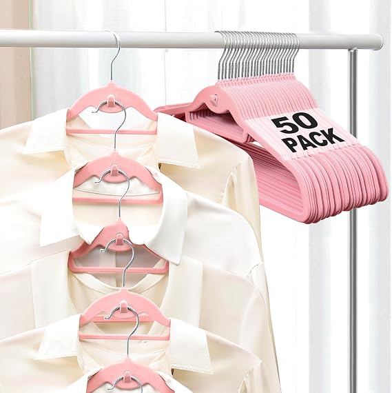 Velvet Felt Stackable Hangers 50 Pack, Non Slip, with 360Swivel Hook, Ultra Thin and Space Saving for Suits, Shirts, Coats, 15Lbs Capacity Heavy Duty, Pink