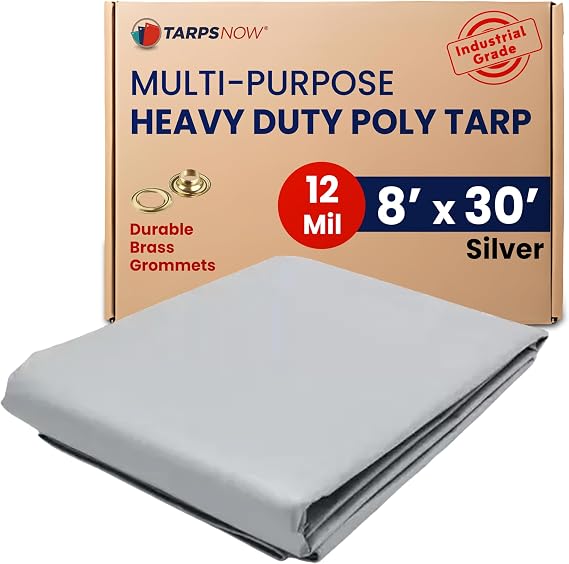 Tarps Now 8x30 ft Heavy Duty Waterproof Tarp | 12 Mil Silver Poly Tarpaulin with Aluminum Grommets | Large Outdoor Weatherproof Cover for Roof, Landscaping | UV Resistant Tarp with Reinforced Edges