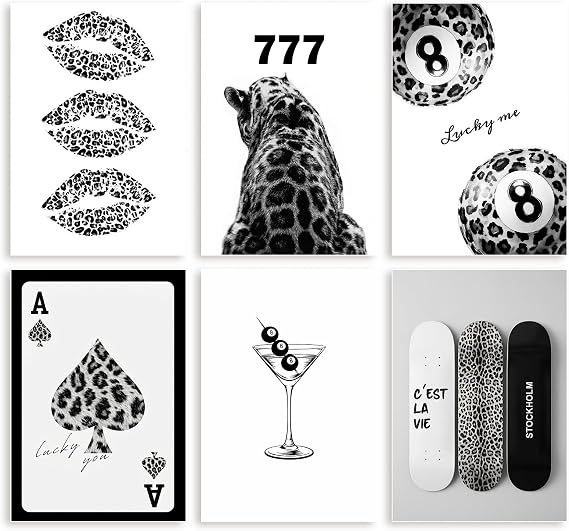 6Pcs Leopard Vogue Posters for Bedroom, Black & White Leopard Print Room Decor, Leopard Print Wall Art for Aesthetic bedroom, Canvas Posters & Prints for Living Room, Bar, Cafe, Gallery Wall