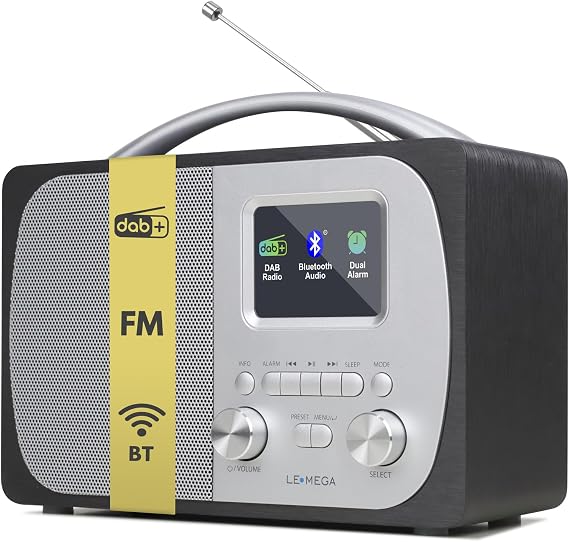 LEMEGA DR5 DAB/DAB+ Digitalradio - Tragbares Küchenradio mit BluetoothUKW Radiowecker - Kompaktes DAB Radio Batteriebetrieben oder Netzbetrieb Holzgehäuse & Metallfront -Schwarzeiche