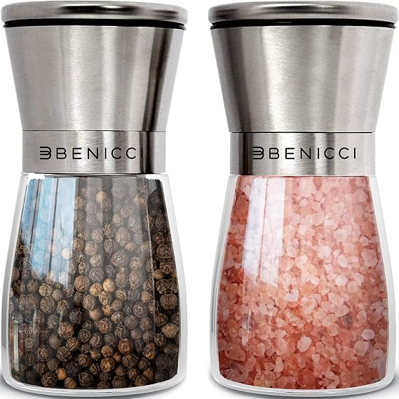 Stainless Steel Salt and Pepper Grinder Set of 2 (5oz) Manual Adjustable Ceramic Mills Grinders with 5 Coarseness Levels Refillable Glass Shakers, No Batteries Includes Spoon & Brush