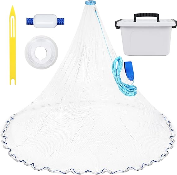 Yeahmart Handmade American Cast Net, 3ft-8ft Radius Casting Net for Saltwater & Freshwater, 3/8 Inch Mesh Monofilament Bait Trap Rust-Proof PVC Coated Sinkers, Easy Throw, Bucket & Repair Kit Included