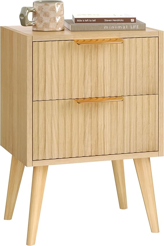 YAUKOMEL Fluted Nightstand with 2 Drawers,Natural Bedside Table | Light Wood Night Stand,Metal Handles,Side Table with Solid Wood Legs,End Table for Living Room,Bedroom,Small Spcae