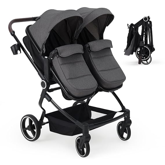 Side by Side Double Stroller Newborn and Toddler, Lightweight Compact Twin Stroller with Reversible Seat, Adjustable Backrest & Canopy, Storage Basket, Easy to Fold, Dark Grey