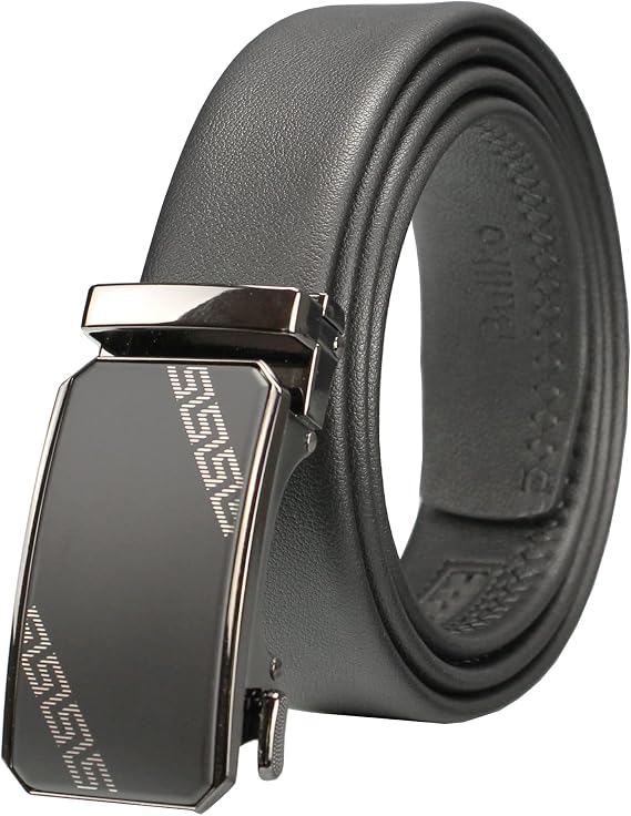 Mens Ratchet Adjustable Dress Belt Black Leather Trim to Fit
