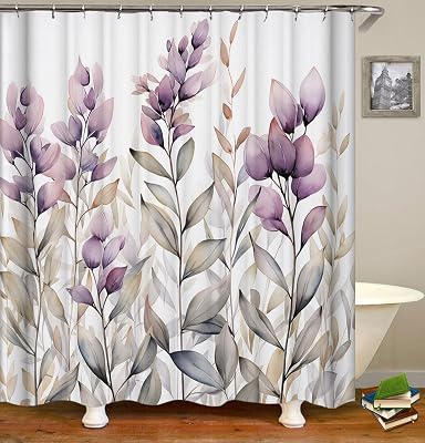Flower Leaf Shower Curtain Set, Purple and Grey Plants, Countryside, Watercolor Fabric Bathroom Decor with Hooks, 70 x 70 Inches