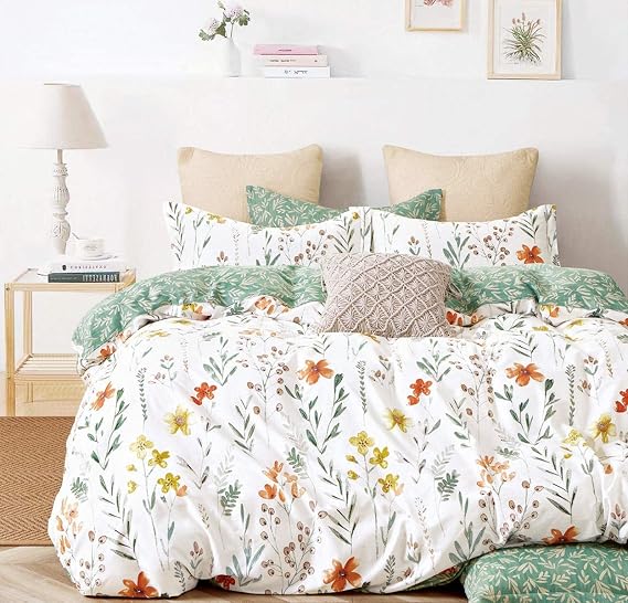 Lanqinglv Bed Linen Set 155 x 220 cm Green/White Leaves Floral Pattern Plants Reversible Colourful Microfibre Renforcé Duvet Cover with Zip Pillowcase 80 x 80 cm