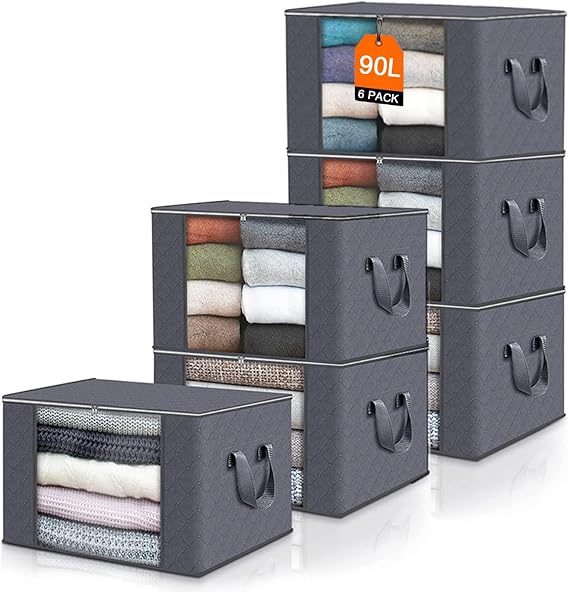 Clothes Storage Bags, 6 Pack 90L Large Capacity Storage Boxes With Lid, Zips & Reinforced Handle for Moving House - Thick Fabric Foldable Large Storage Box for Clothes Comforters Blankets Bedding