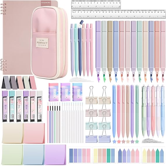 80 PCS Aesthetic Stationery Supplies with Pink Pencil Case & Notebook, 12 Pastel Highlighters, 6 Colour Pens, 5 Black Pens, 6 Mechanical Pencils, Stationery Set for School Office
