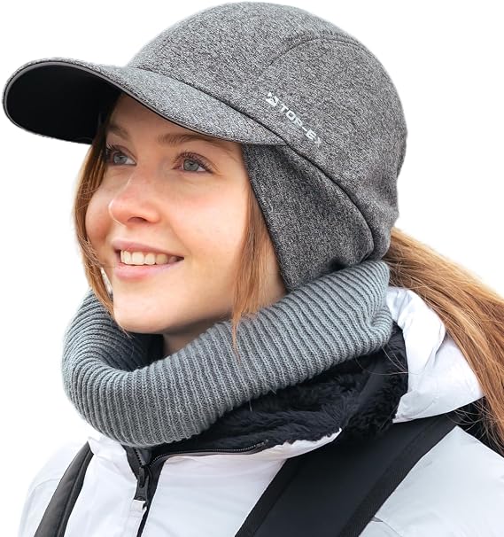 Women's Water-Repellent Winter Ponytail Baseball Cap with Fleece Ear Flaps | Full Ear & Neck Coverage, Glasses-Friendly Curved Brim for Low Winter Sun, Reflective Trim, Adjustable Fit & Warm Comfort