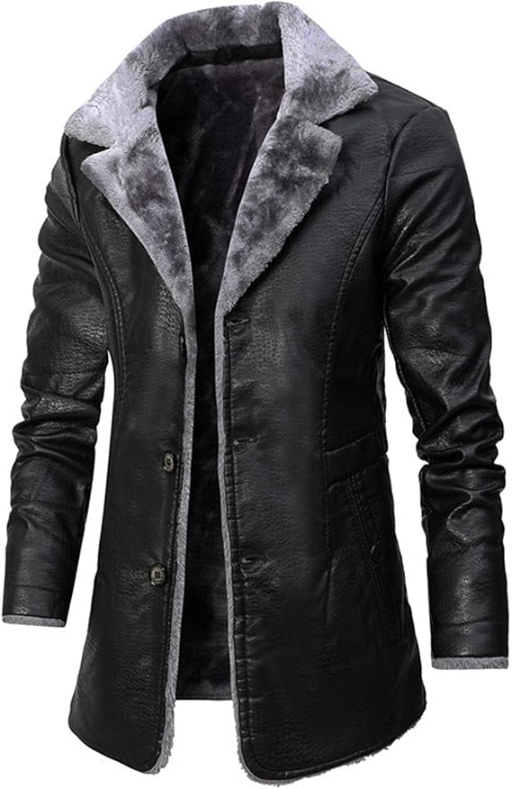Maiyifu-GJ Mens Faux PU Leather Vintage Jacket Fleece Sherpa Lined Long Trench Coats Fur Collar Windbreaker Overcoat