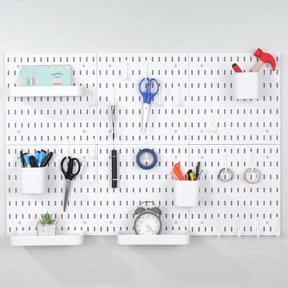Pegboard Combination Kit with 6 Panels 28x28cm Peg Boards for walls and 44 Accessories Wall Organizer for Room Storage Organization and Decoration, Free Combination & Dual Installation Options