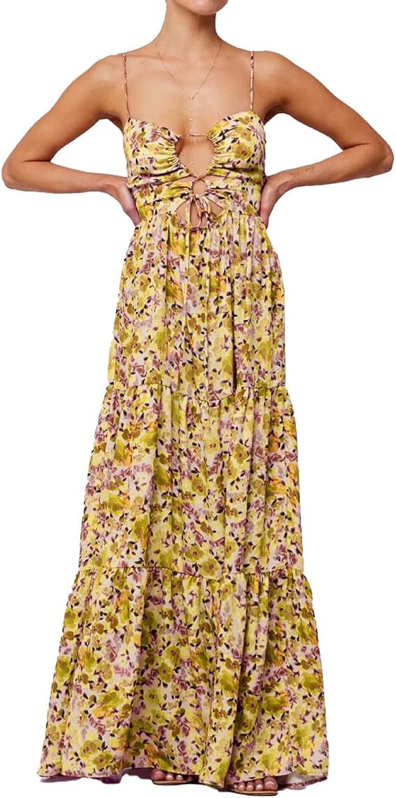ABYOVRT Women Floral Maxi Dress Tie Front Cut Out Backless Boho Spaghetti Strap Summer Beach Sundress