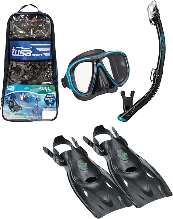 TUSA Sport Adult Powerview Mask, Dry Snorkel, and Fins Travel Set