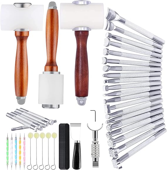 WONVOC Leather Carving Tool Kit, Leather Carving Hammers, Stamping Tools, Swivel Knife, Cutting Knife, Wool Daubers, Frosted Strip