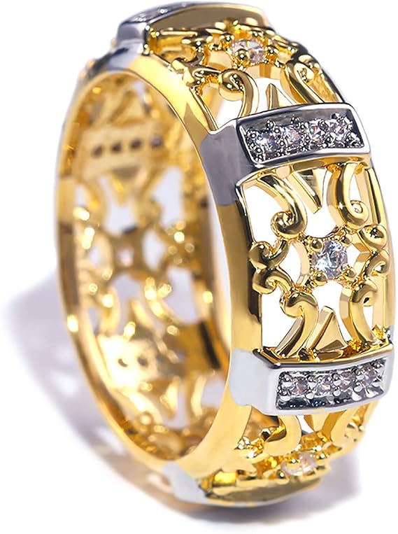 Round Cut Cubic zircons 14K Silver Plated High Polished Iced Out Lab Diamond Wedding Band Eternity Bands Ring for Men Women (Gold, 8)