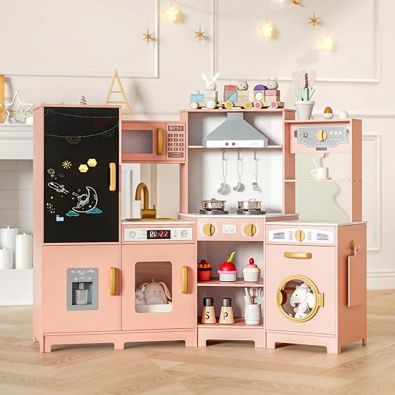 MAMIZO Wooden Corner Play Kitchen, Interactive Toddler Pretend Kids Kitchen