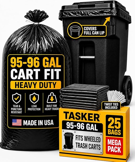 95-96 Gallon Trash Bags Heavy Duty (25 Bags w/Ties Value pack) Extra Large Trash Bags, 90 Gallon, 95 Gallon, 96 Gallon, 100 Gallon