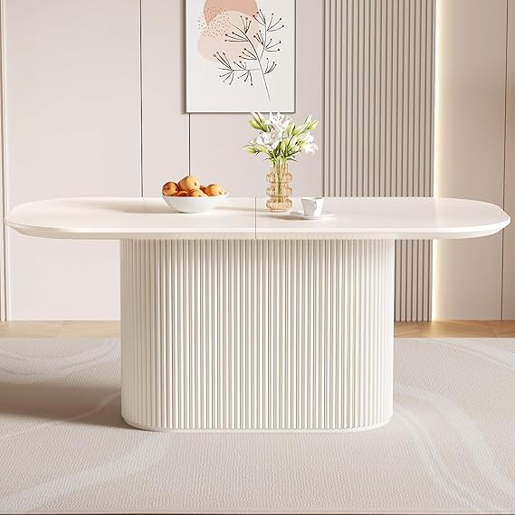 70" Modern Oval Dining Table, White, Fluted Base