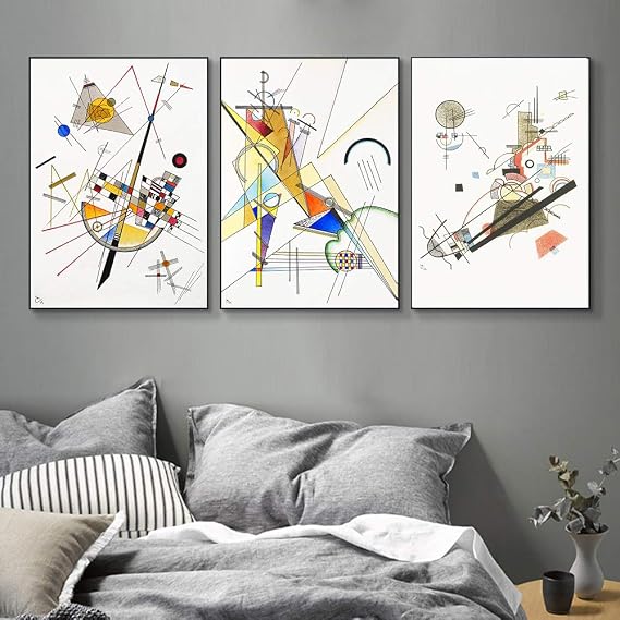 INVIN ART Framed Streched Canvas Giclee Print Combo Painting 3 Pieces by Wassily Kandinsky Wall Art Series#001 Living Room Home Office Decorations(Black Slim Frame,24"x32"Each Piece)