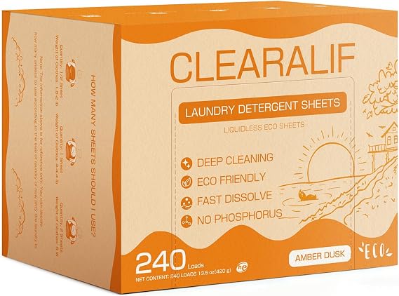 CLEARALIF Laundry Detergent Sheets, Amber Dusk, 240 Loads, Eco Strips | Eco-Friendly & Hypoallergenic, Great for Travel, Apartments & Dorms, Biodegradable Formula, Dissolves in Any Water Temp