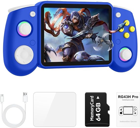 RG43H PRO Retro Handheld Game Console,4.3 Inch IPS Screen, RK3562 Quad-Core CPU,Portable Dual System,WiFi Networked Fighting HDMI TV Output,4000mAh Battery,Game Console with 64GB TF Card,Navy Blue