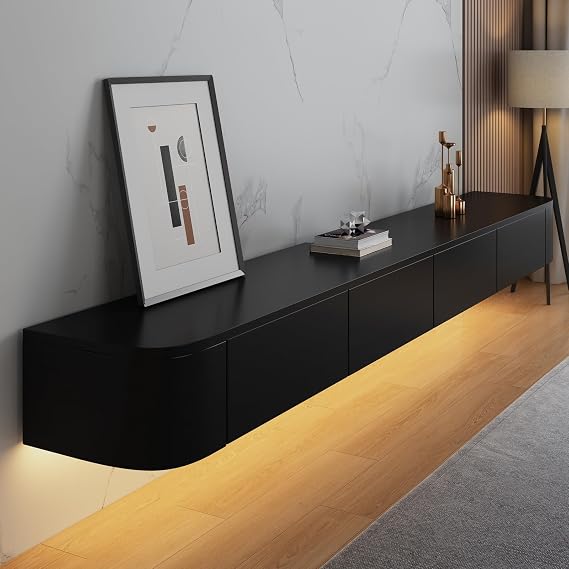 Floating TV Stand Cabinet wall mounted Black Floating tv Shelves with LED light & Doors & Drawer Modern Media Entertainment TV Console Storage TV Unit for Living Room (200cm/78in)