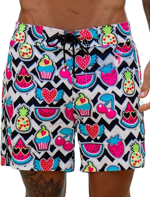 Cherry White Swim Shorts (3" and 5") - 4 Way Stretch, Quick Dry, Chlorine Resistant, Built in Compression Liner (US, Alpha, Small, Regular, Regular, 5" Inseam, White)