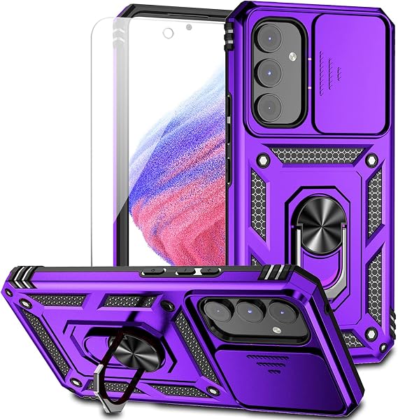 for Samsung Galaxy A54 5G Case with Slide Camera Cover HD Screen Protector [Military Grade 16ft. Drop Tested] Magnetic Ring Holder Kickstand Protective Phone Case for Samsung Galaxy A54 5G, Purple