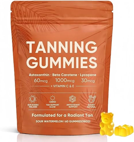 Sunless Tanning Gummies Tanning Gummy Self-Tanning Drops for Face and Body Sunless Tanning Drops for Natural Tan Quick Tanning 60 Gummies