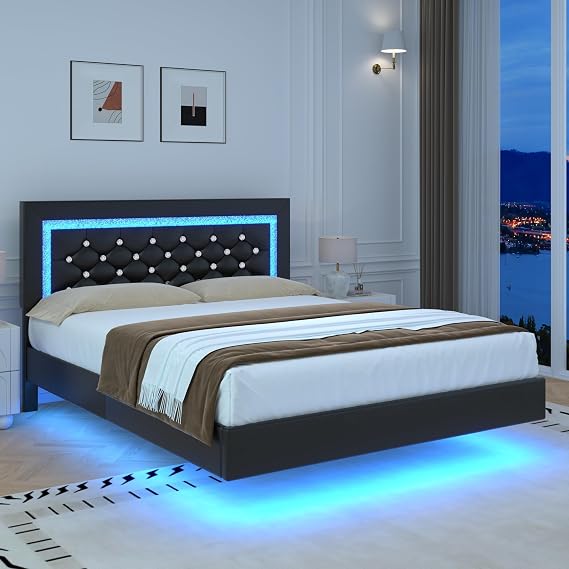 Floating Bed Frame Full with LED Lights and Diamond Tufted Headboard,Black | Upholstered Platform Bed,No Box Spring Needed, Noise Free, Easy Assembly