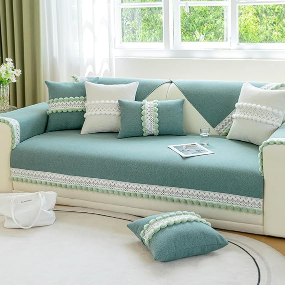 Luxury Sofa Covers 1 2 3 4 Seater Chenille Non-Slip Sofa Slipcovers For Leather/Wooden/Fabric Sofa L/U Shaped Corner Couch Cover Balcony Anti-Scratch Blanket For Cat Dog(Pillowcase:30X50cm,Blue)