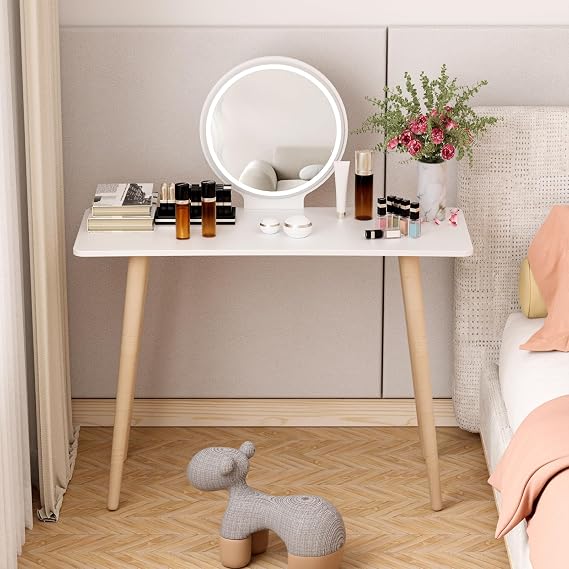 Dressing Table with Mirror,Vanity Desk with Generous Desktop,Vanity Table,Makeup Vanity with Solid Wooden Legs,Makeup Desk for Girls/Women Bedroom White