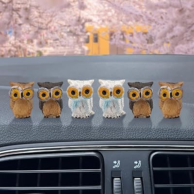 6PCS Mini Resin Owl Car Rear View Mirror Ornaments - Cute Owl Figurine Car Dashboard Decoration Set - Funny Desk Center Console Decoration Auto Interior Accessories for Women Men Presents Owl