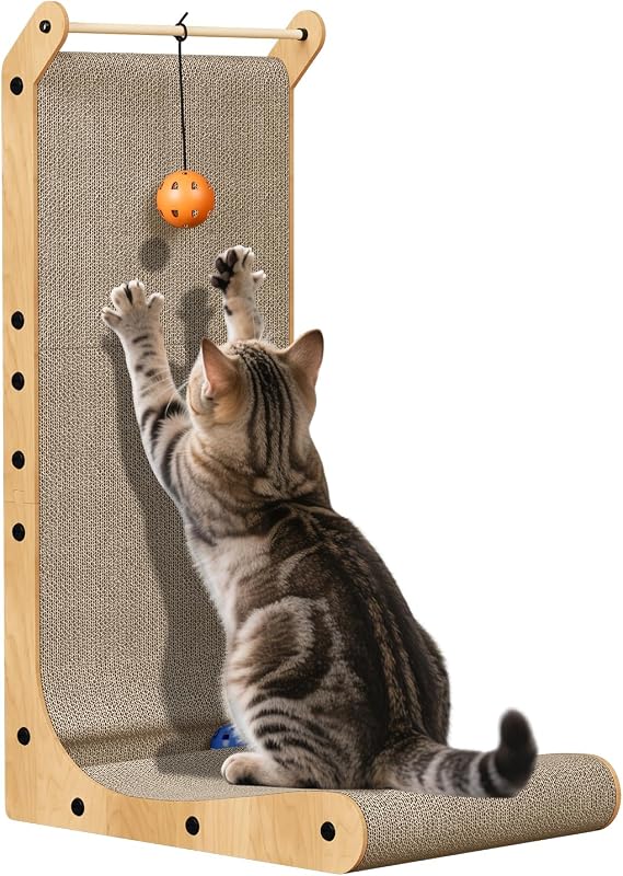Cat Scratcher L Shaped Cat Scratching Board 68cm Tall Vertical Scratching Post with Ball Toy Furniture Protector for Indoor Cats Cardboard 68cm