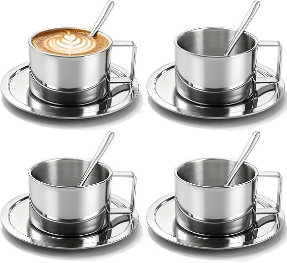 ZENFUN 4 Pack 6.8 oz Coffee Cups Set, 18/8 Stainless Steel Espresso Cup with Saucer and Spoon, Cute Coffee Mugs with Handle, Drinkware Cup for Latte, Cappuccino, Milk, Tea