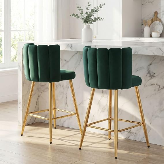 Velvet 26" Counter Height Barstools Set of 2 Modern Kitchen Stools Upholstered Bar Stool Chairs with Gold Metal Legs for Kitchen Island/Breakfast Bar/Restaurant, Green