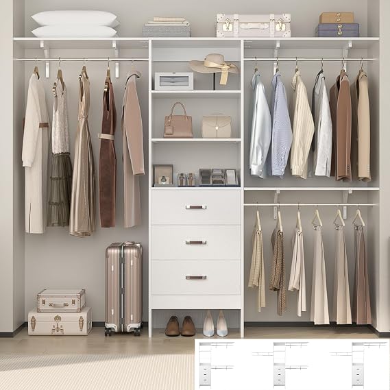 Closet System with 3 Drawers - 8FT Wood Closet Organizer with 3 Shelving Tower & Hanging Rods, 96" Walk-in Wardrobe Closet Organizer System for 4-8FT Spaces, Heavy Duty Garment Clothes Rack, White